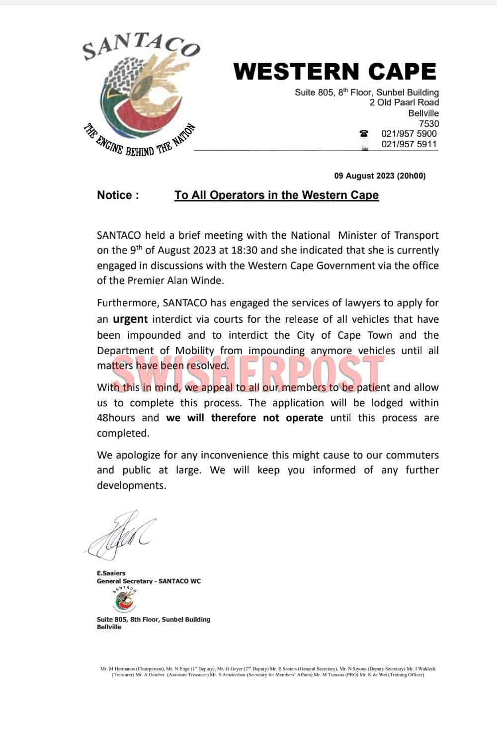 SANTACO statement cape town taxis Thursday 10 august 2023 strike