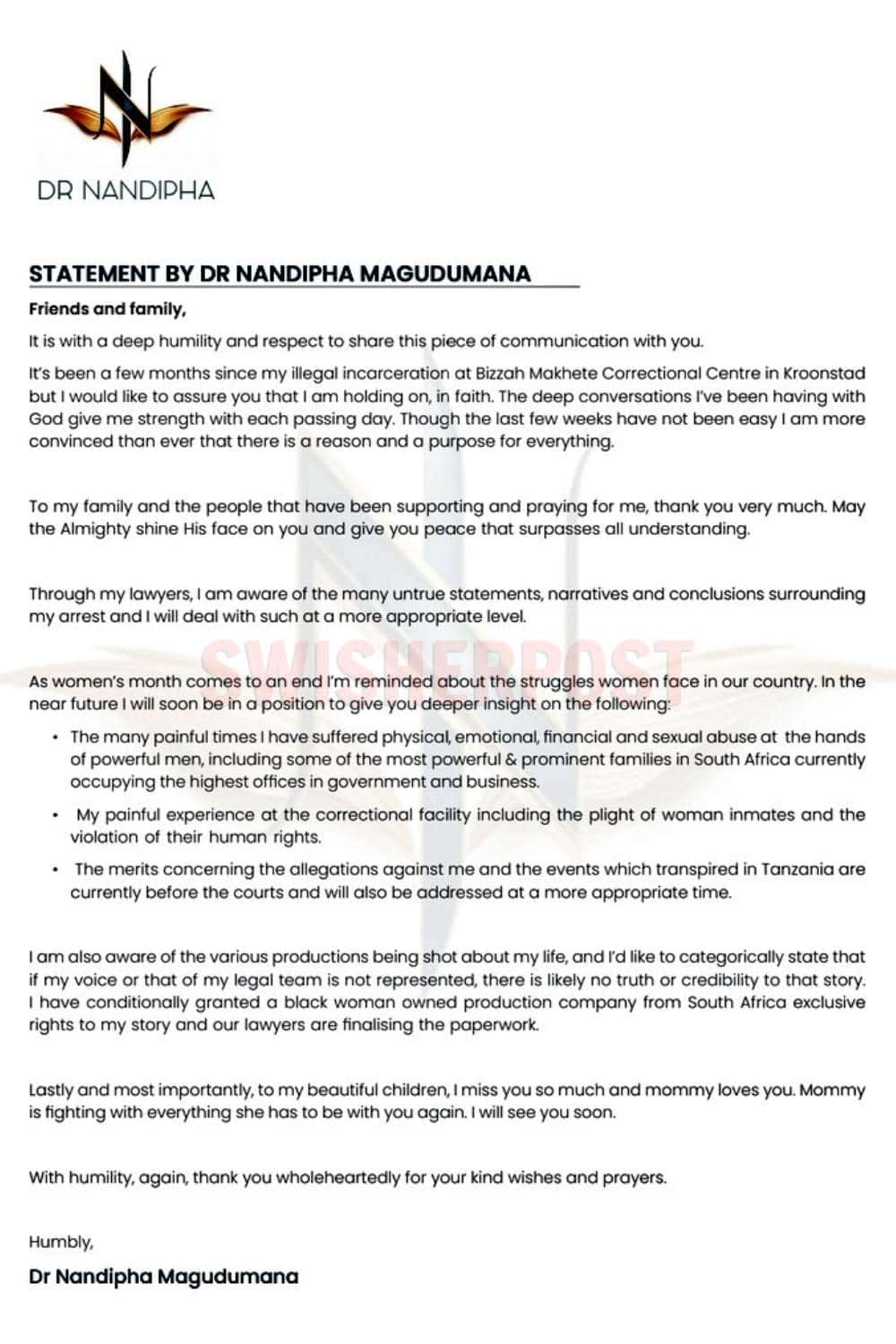 Nandipha Magudumana open letter rape government powerful men