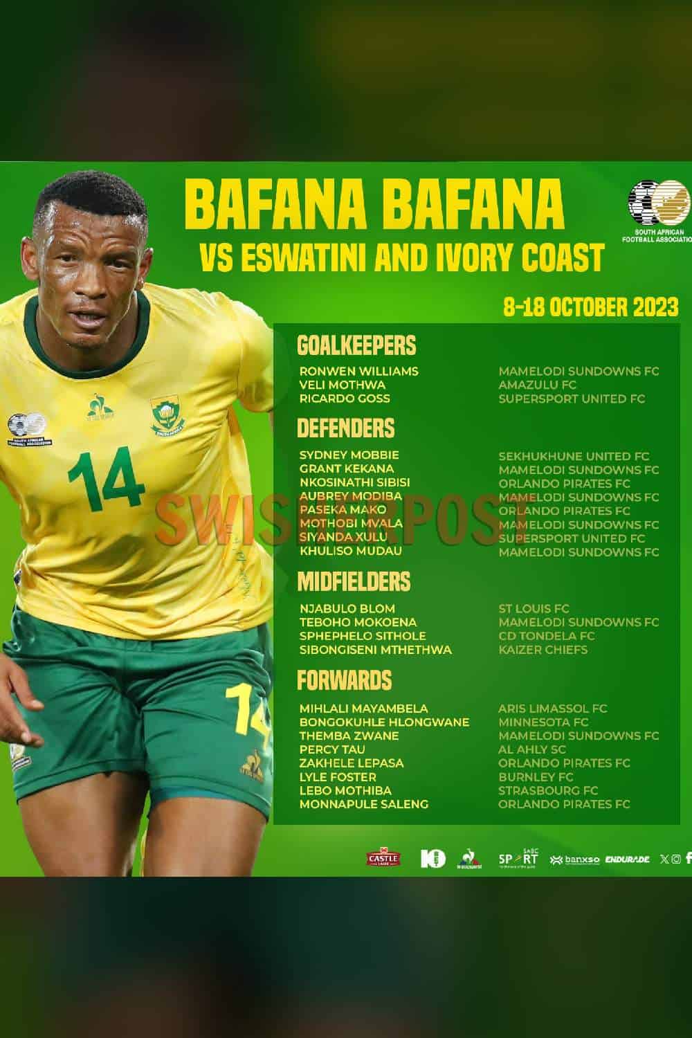 Bafana Bafana 23-player squad eswatini Côte d'Ivoire kaizer chiefs