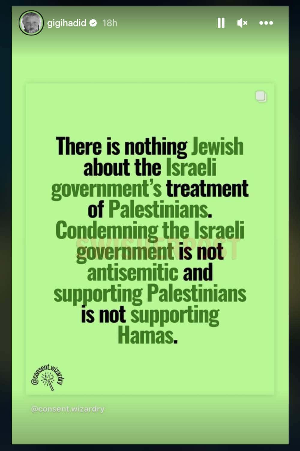 Gigi Hadid Istagram Story condemning Israeli government 