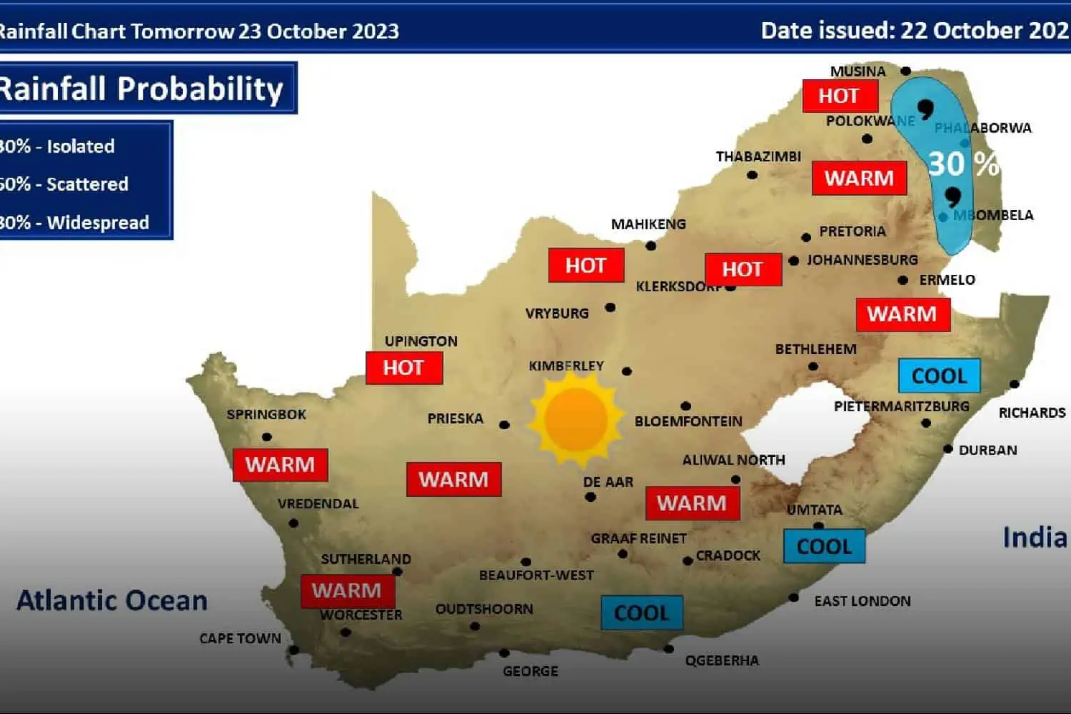 South Africa weather forecast Monday 23 October 2023