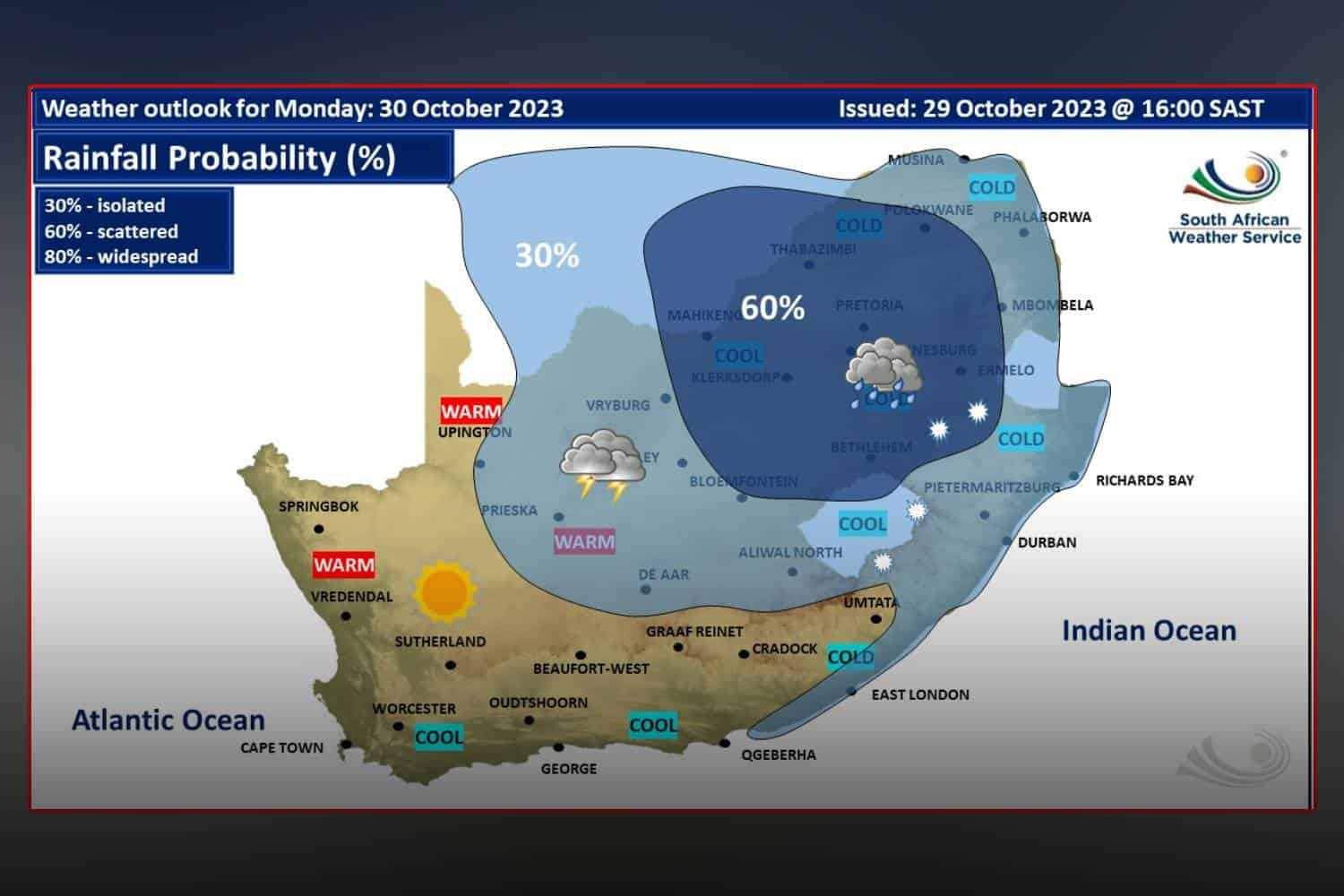 South Africa weather forecast Monday 30 October 2023
