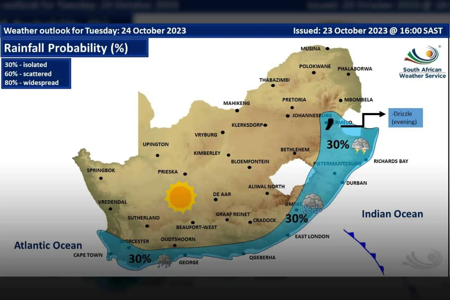 South Africa weather forecast Tuesday 24 October 2023
