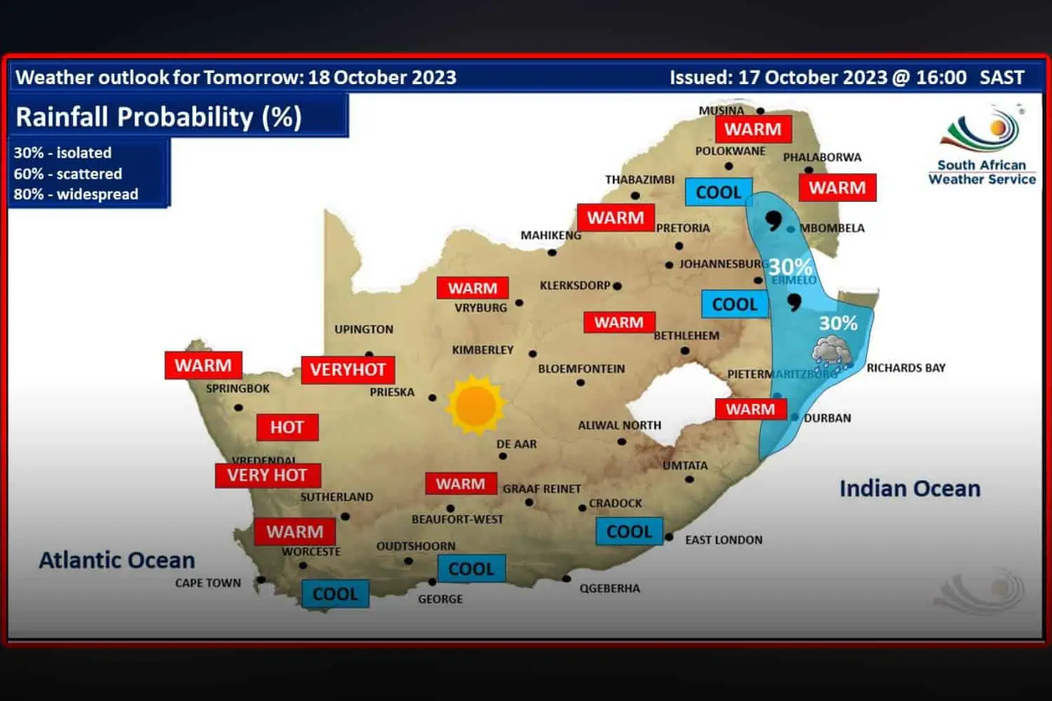 south Africa weather forecast Wednesday 18 October 2023