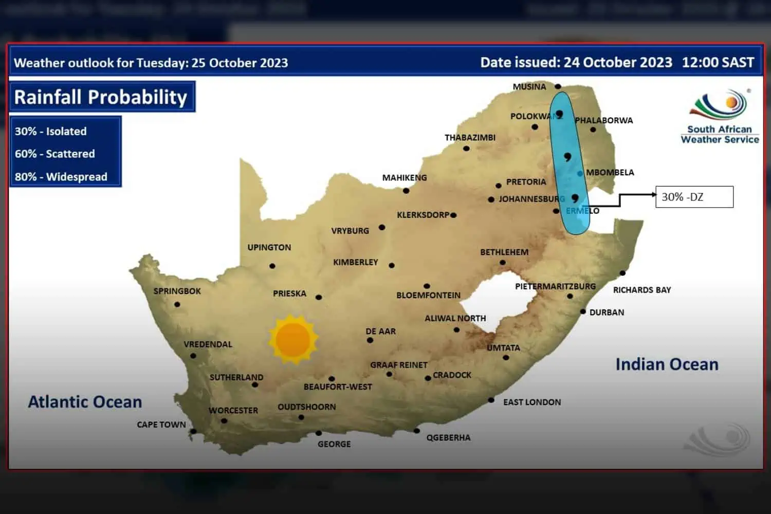 South Africa weather forecast Wednesday 25 October 2023
