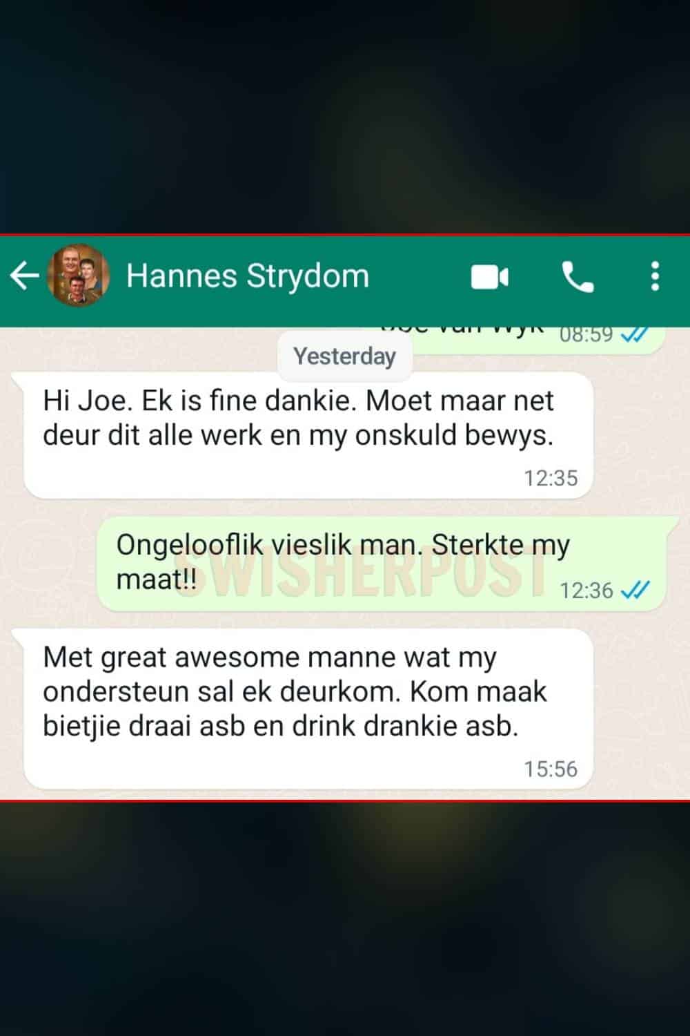 hannes strydom dies WhatsApp texts