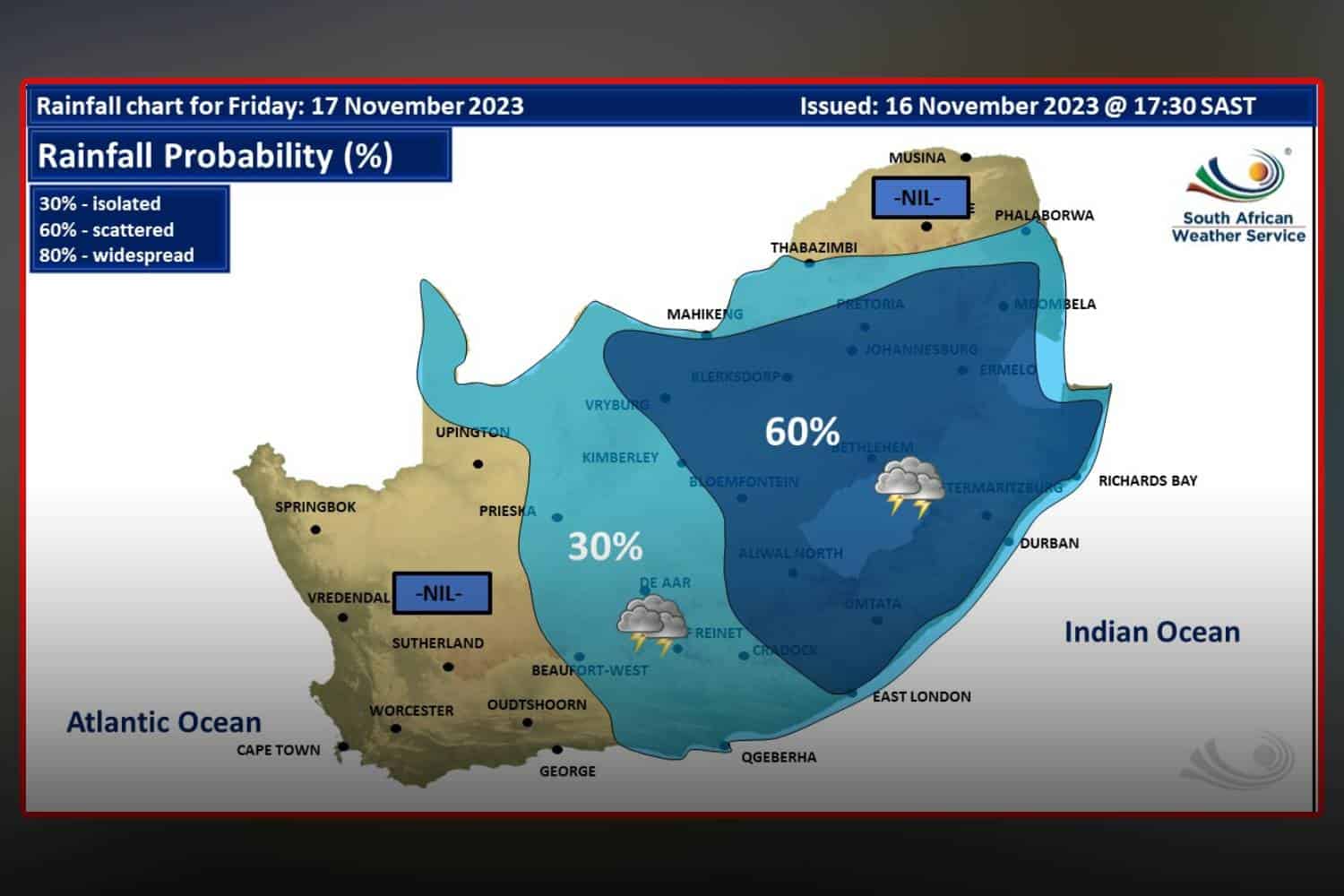 South Africa weather forecast Friday 17 november
