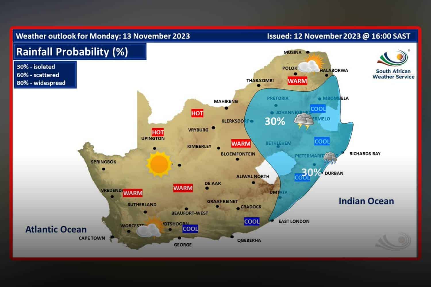 South Africa weather forecast Monday 3 November 2023