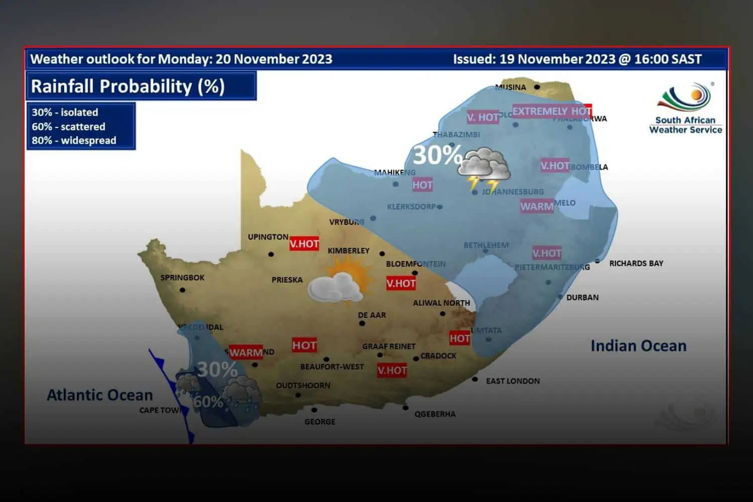 South Africa weather forecast Monday 20 November 2023