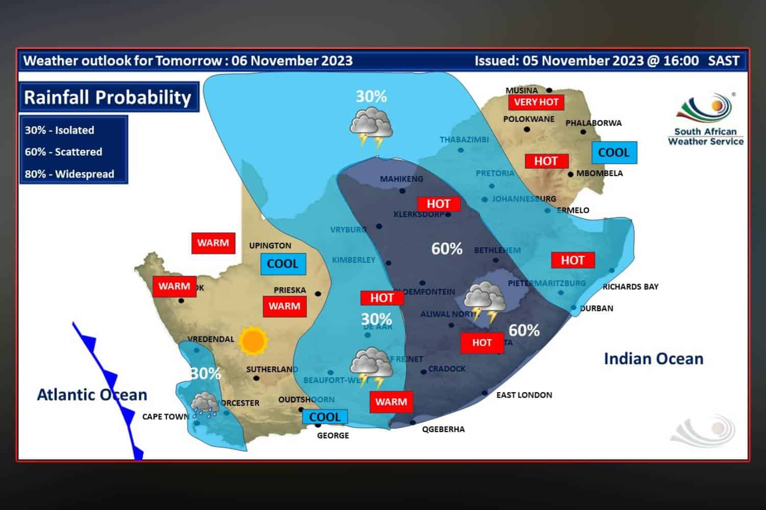 South Africa weather forecast Monday 6 November 2023