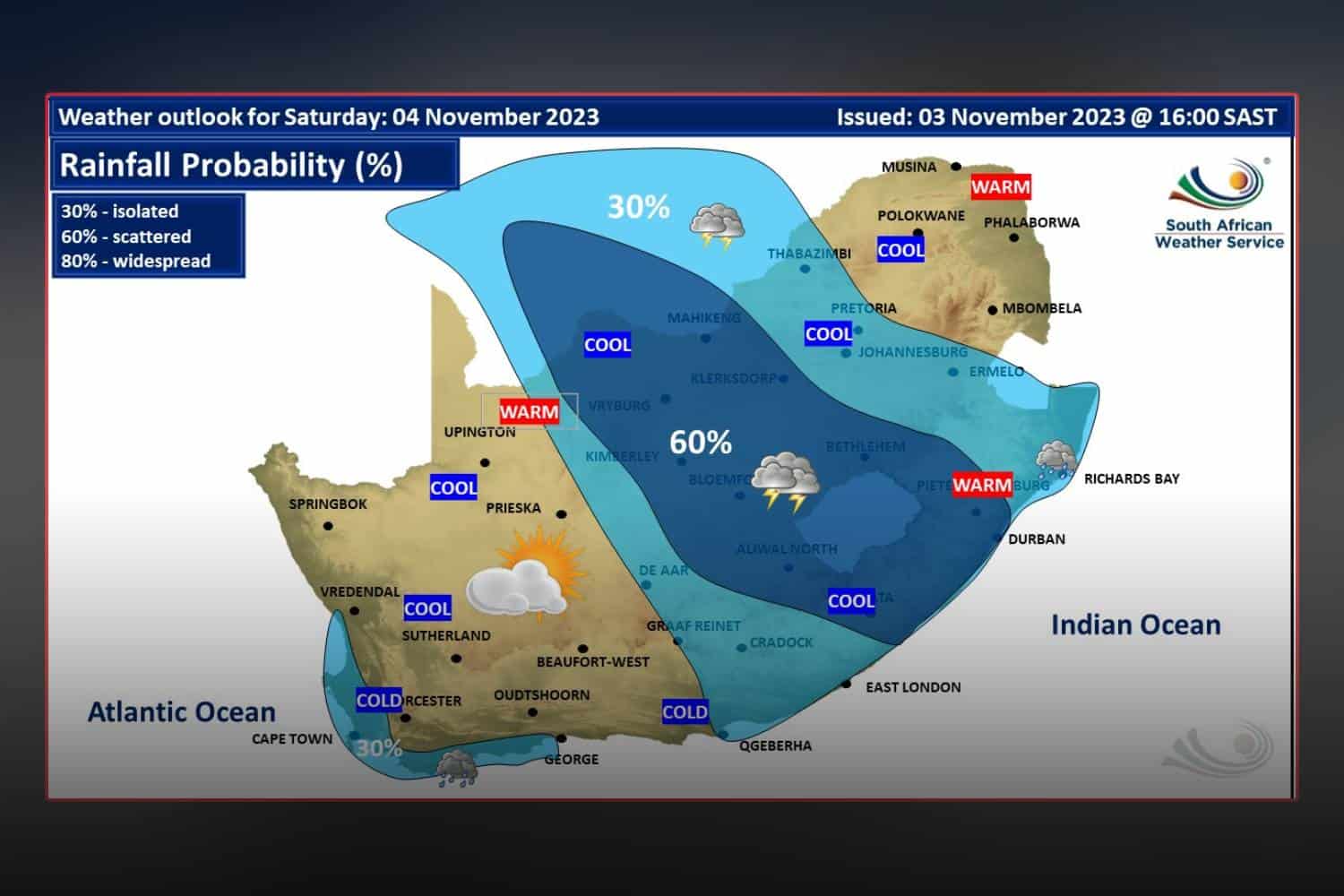 South Africa weather forecast saturday