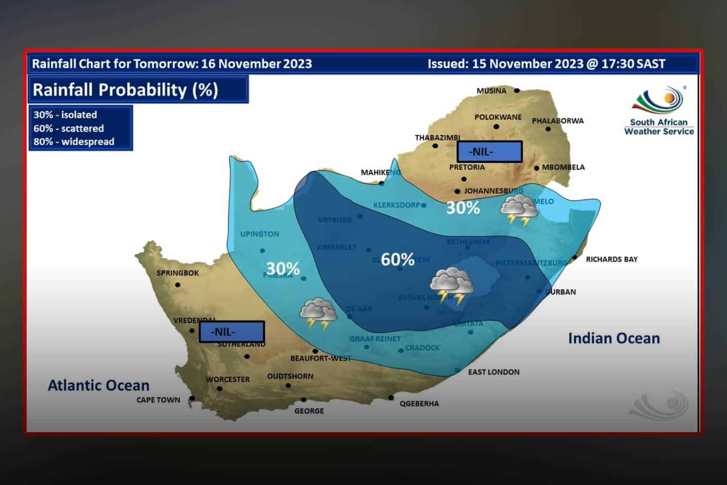 South Africa weather forecast Saturday 18 November 2023