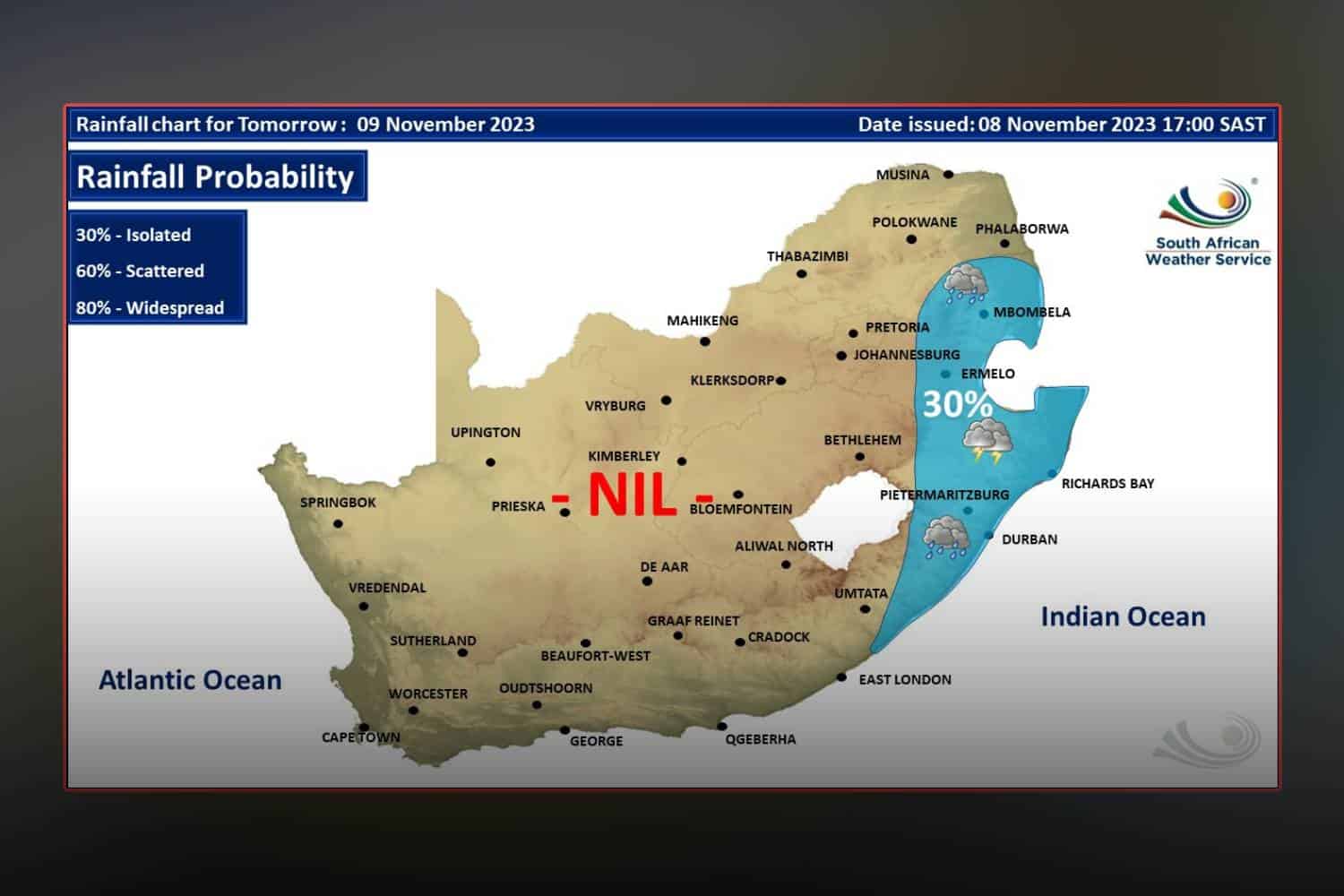 South Africa weather forecast Thursday 9 November 2023