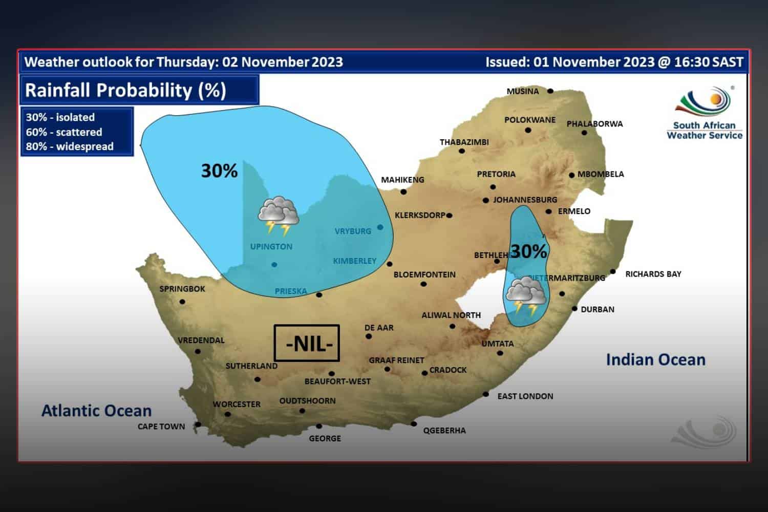south Africa weather forecast thursday 2 November 2023