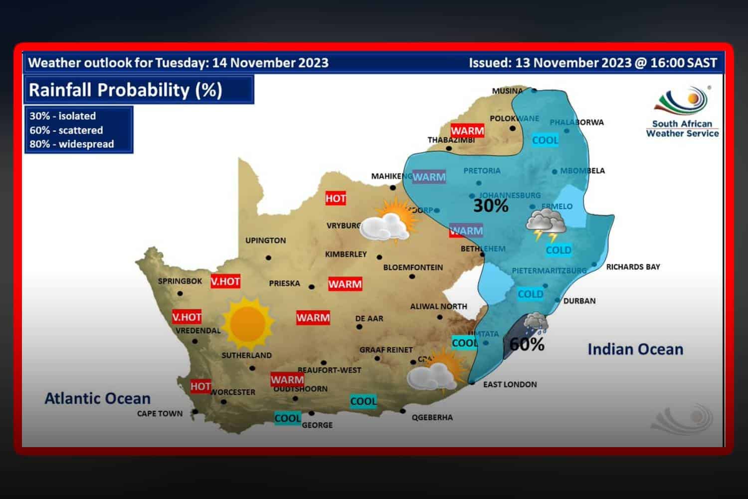 South Africa weather forecast Tuesday 14 November 2023