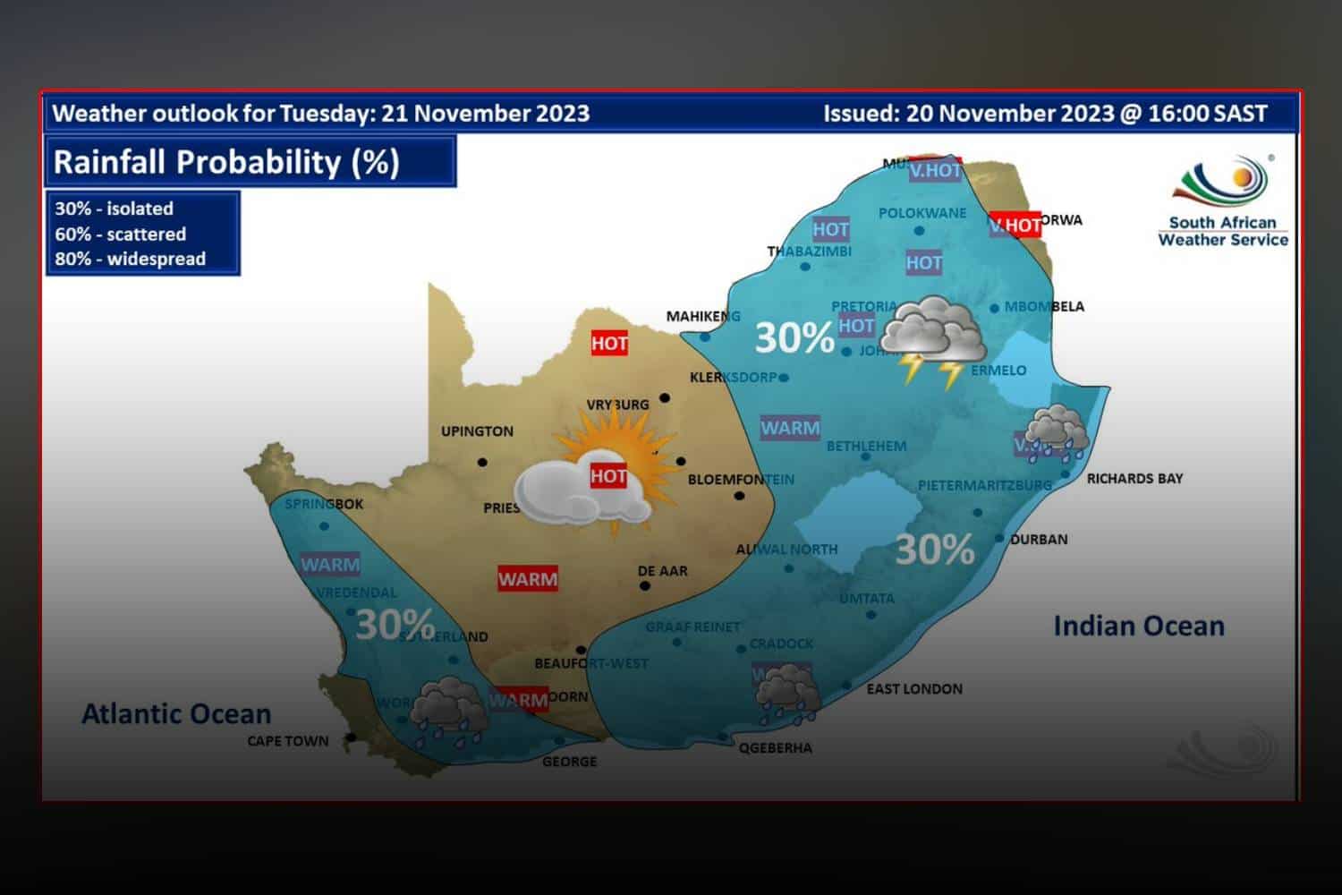 south africa weather forecast Tuesday 21 November 2023
