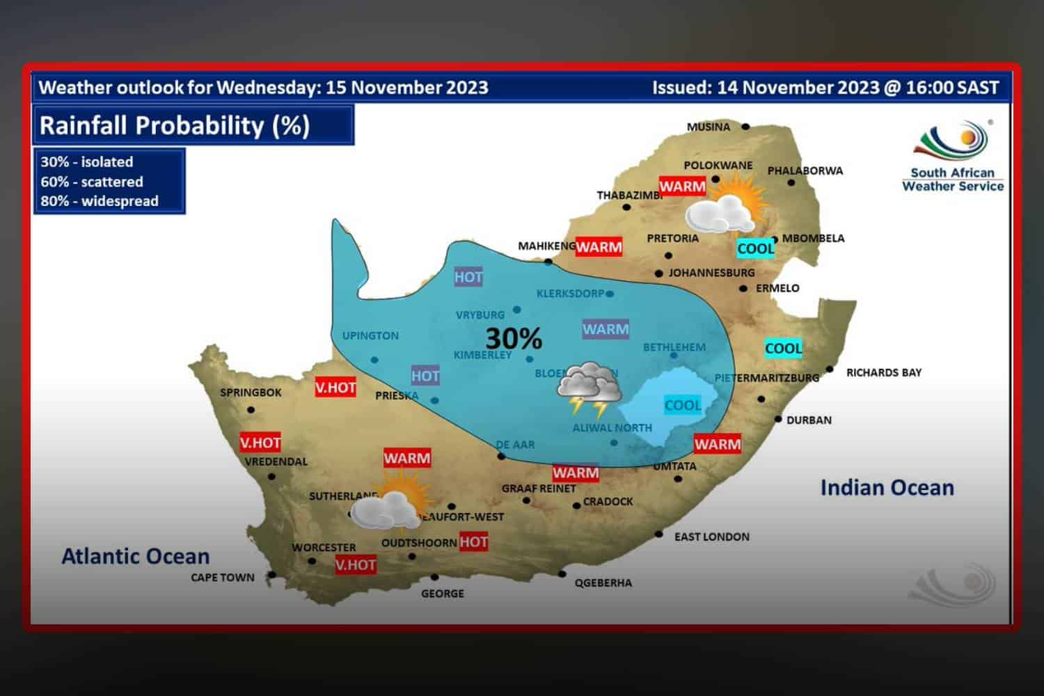 South Africa weather forecast Wednesday 14 November