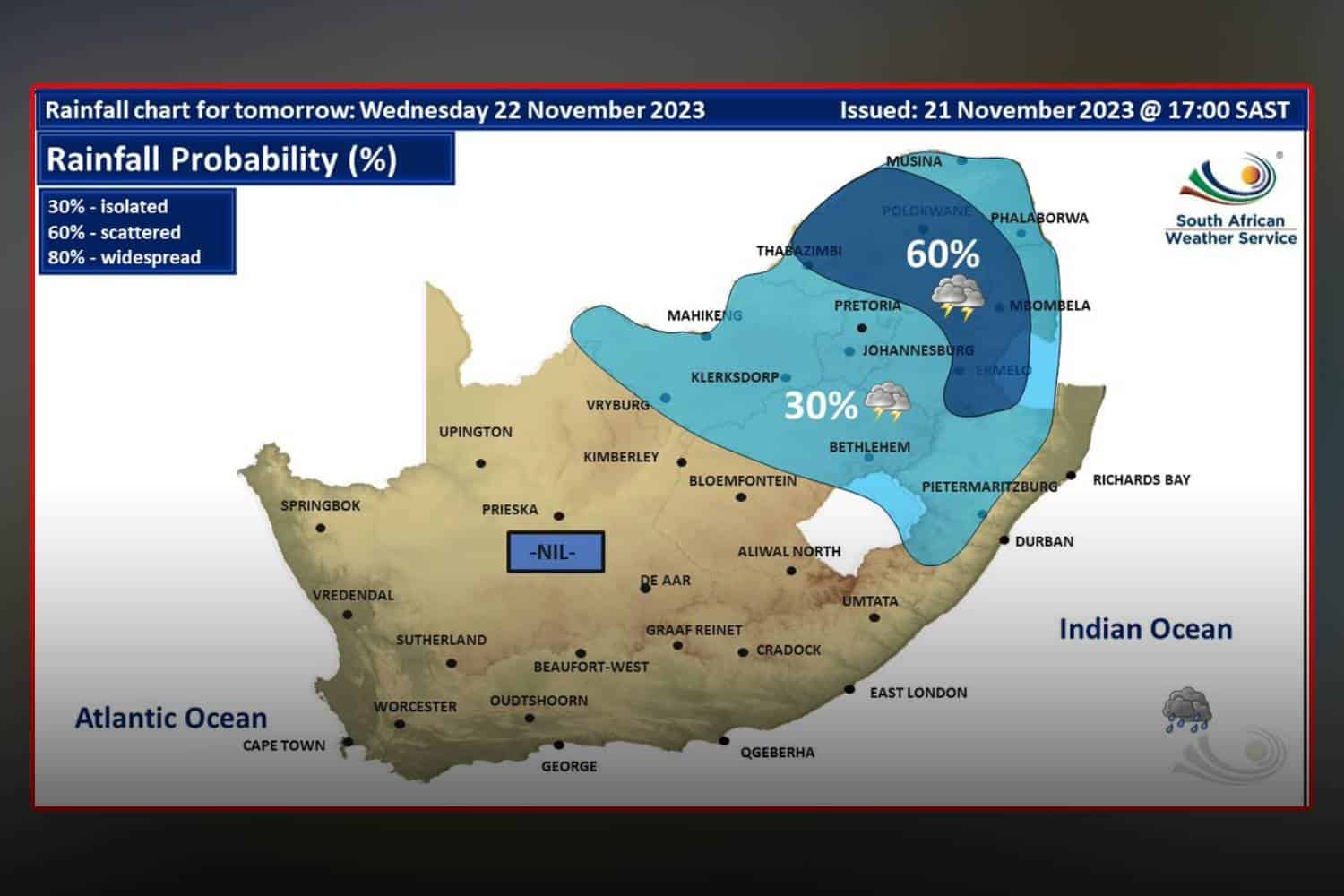 South Africa weather forecast Wednesday 22 November 2023
