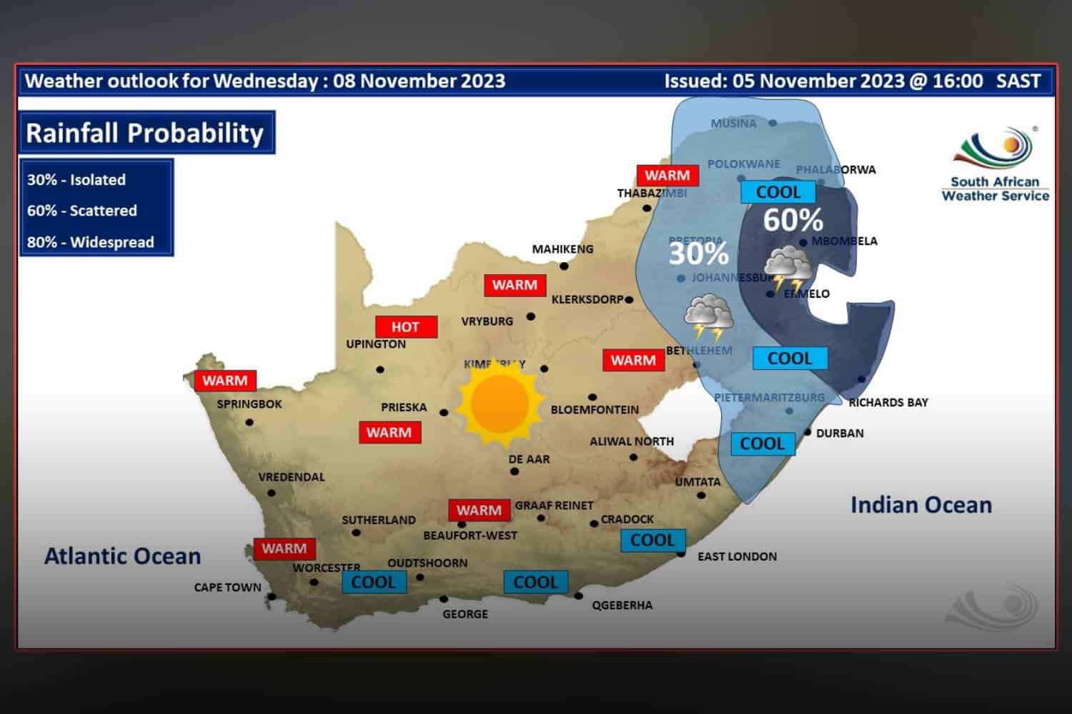 South Africa weather forecast Wednesday 8 November 2023