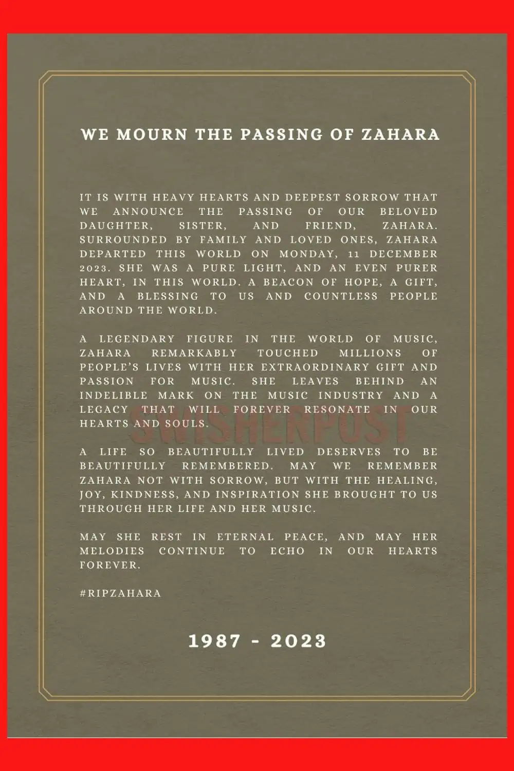 zahara funeral memorial service family statement
